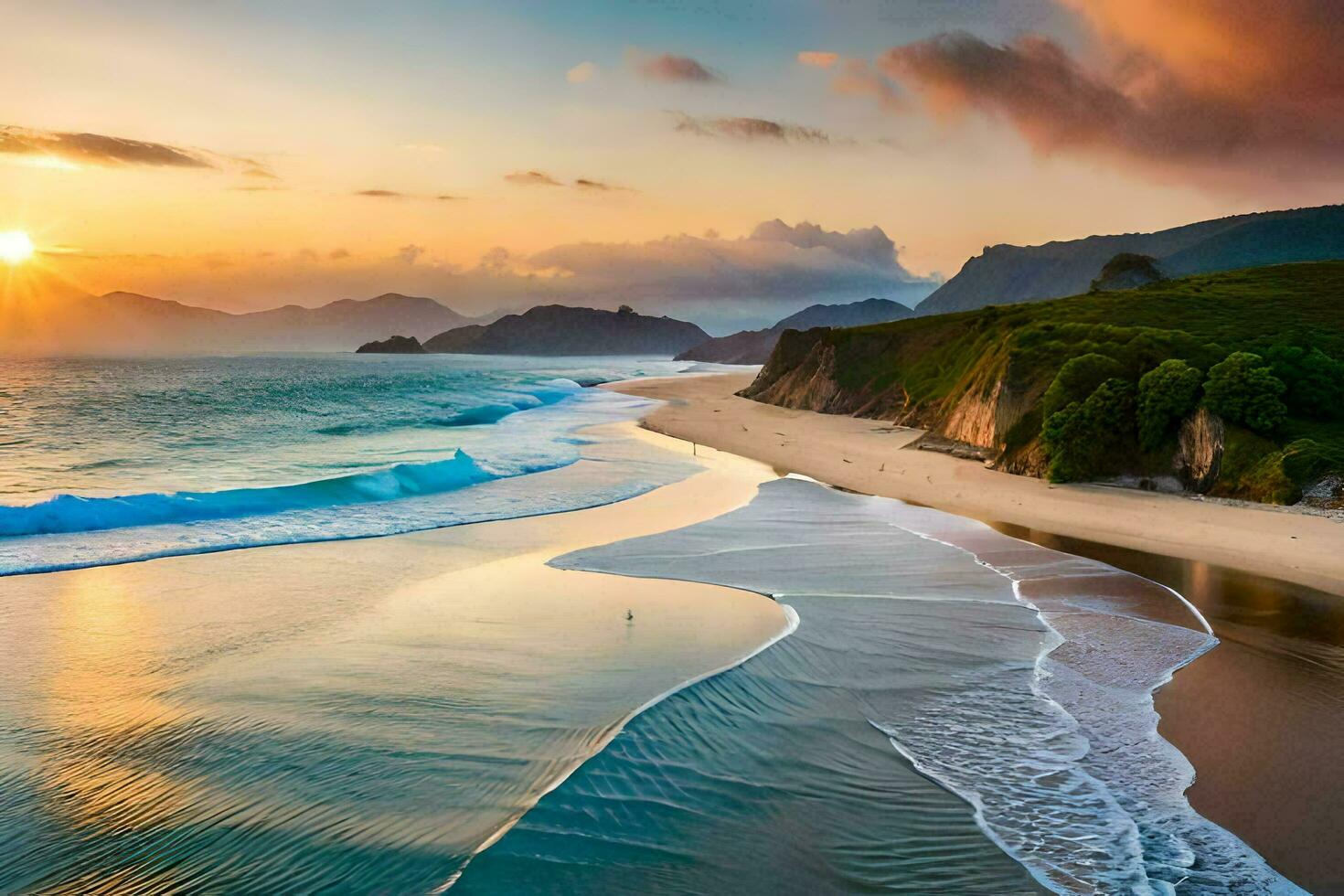 el Dom conjuntos terminado el Oceano y el playa. generado por ai foto