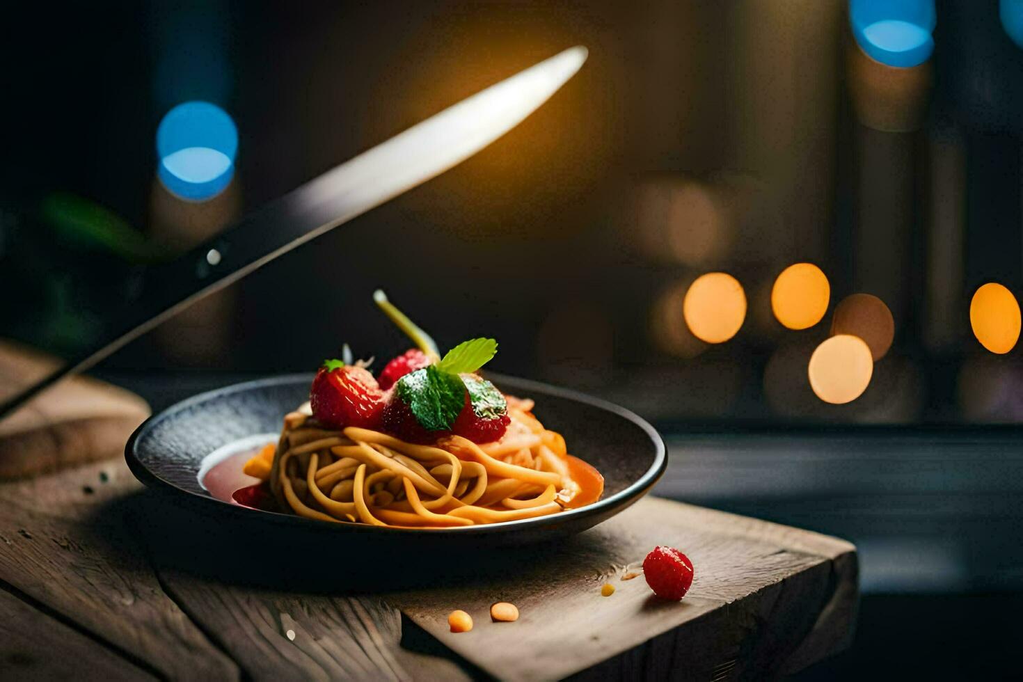 spaghetti with strawberries and a knife on a wooden table. AI-Generated photo
