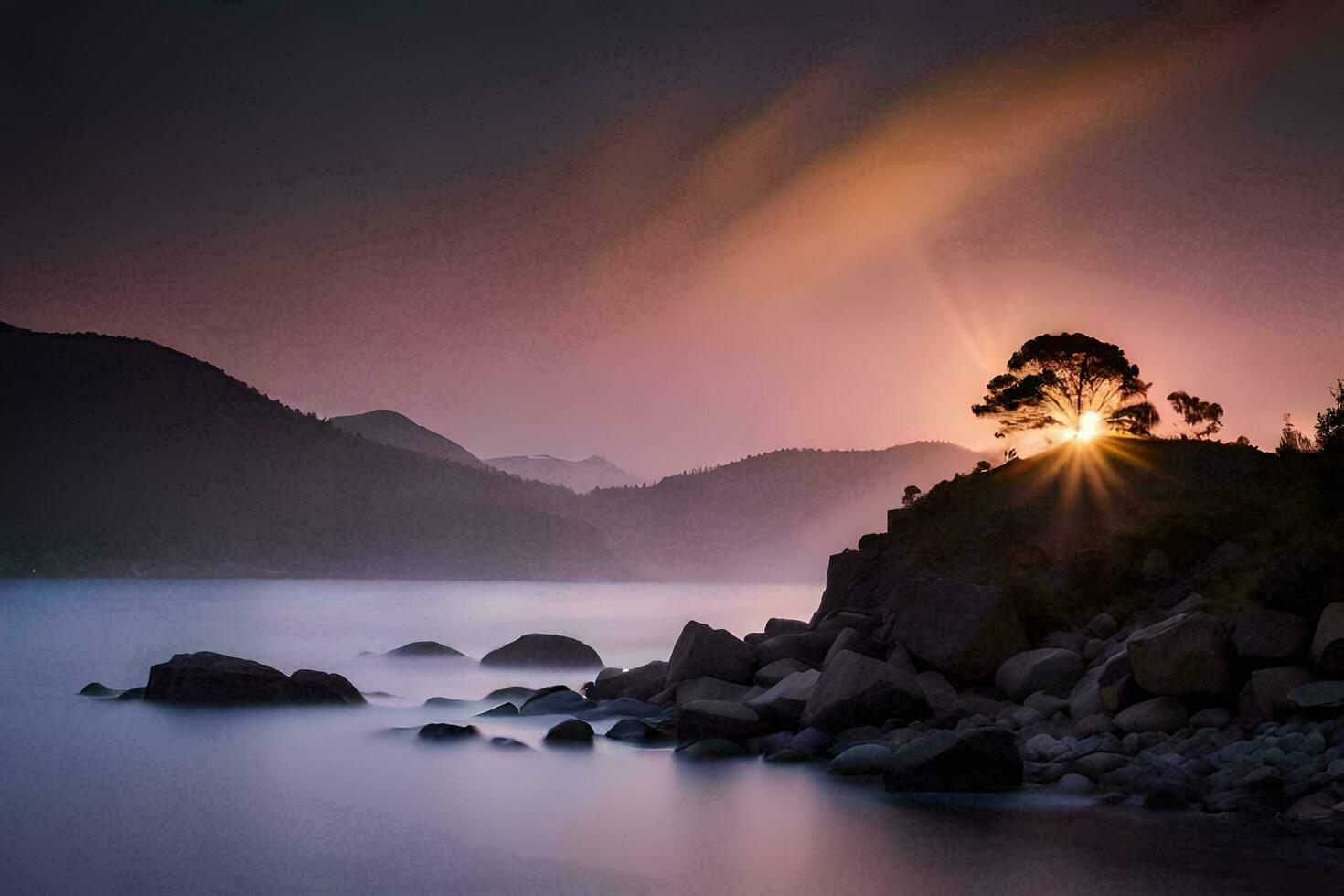 un solitario árbol soportes en el apuntalar de un lago a puesta de sol. generado por ai foto