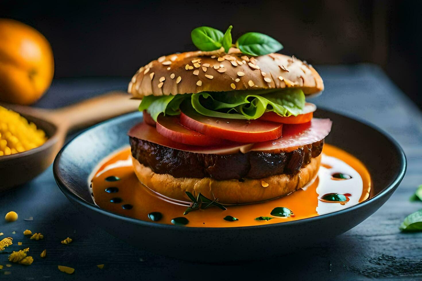 a hamburger with tomato, lettuce and cheese on a plate. AI-Generated photo