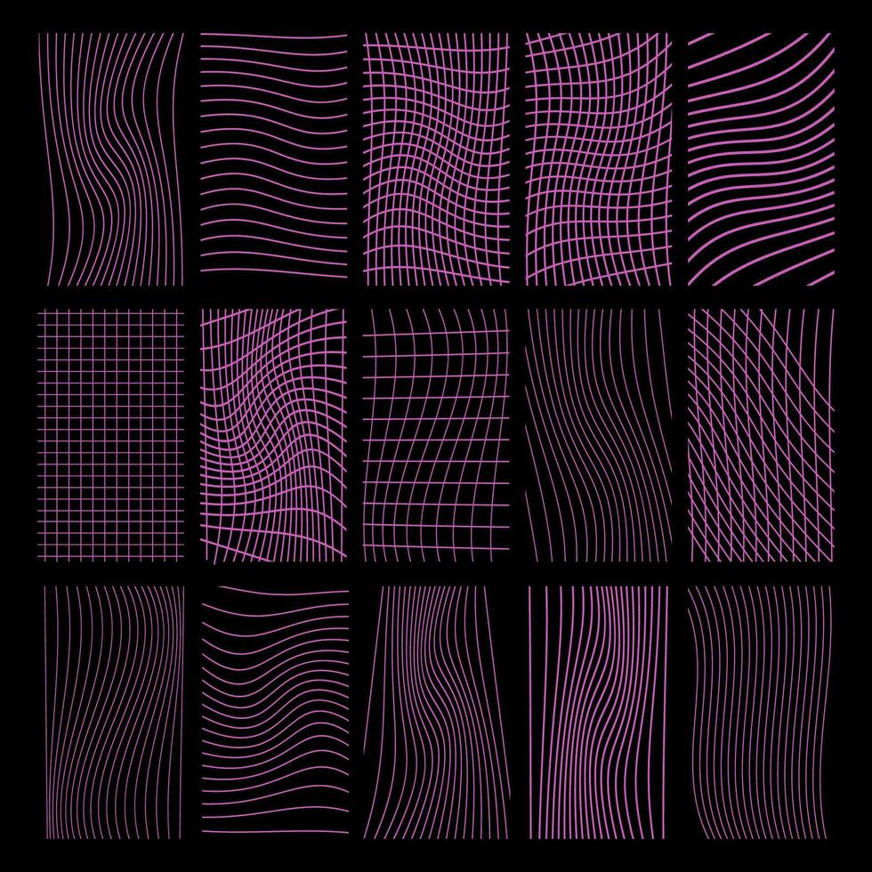 Collection geometric linear grid patterns backgrounds. Vector silhouette isolated on black background. abstract posters, patterns, texture.