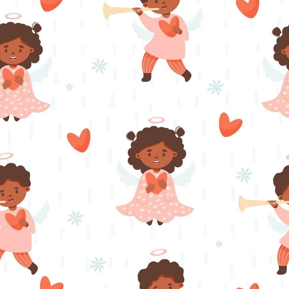 Christmas seamless pattern. Cute angel ethnic kids. Girl with heart and boy with trumpet on white background with snowflakes. Vector illustration in cartoon style. Xmas winter children collection.