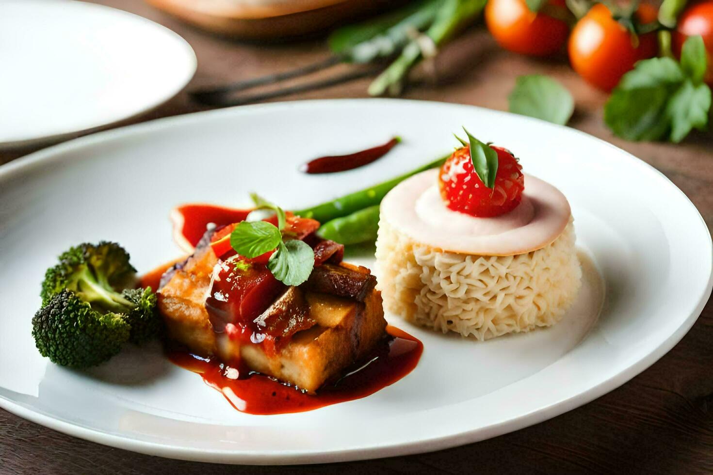 a plate with rice, broccoli and strawberries on it. AI-Generated photo