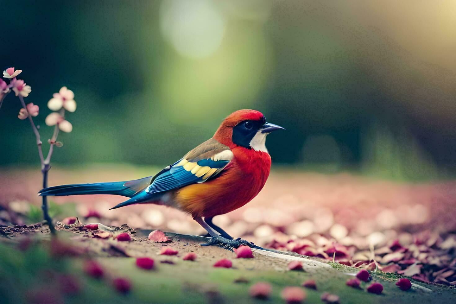 a colorful bird is standing on the ground. AI-Generated photo