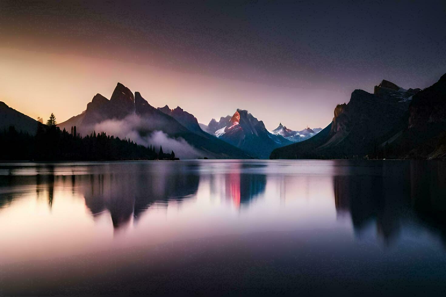 un lago y montañas a puesta de sol. generado por ai foto