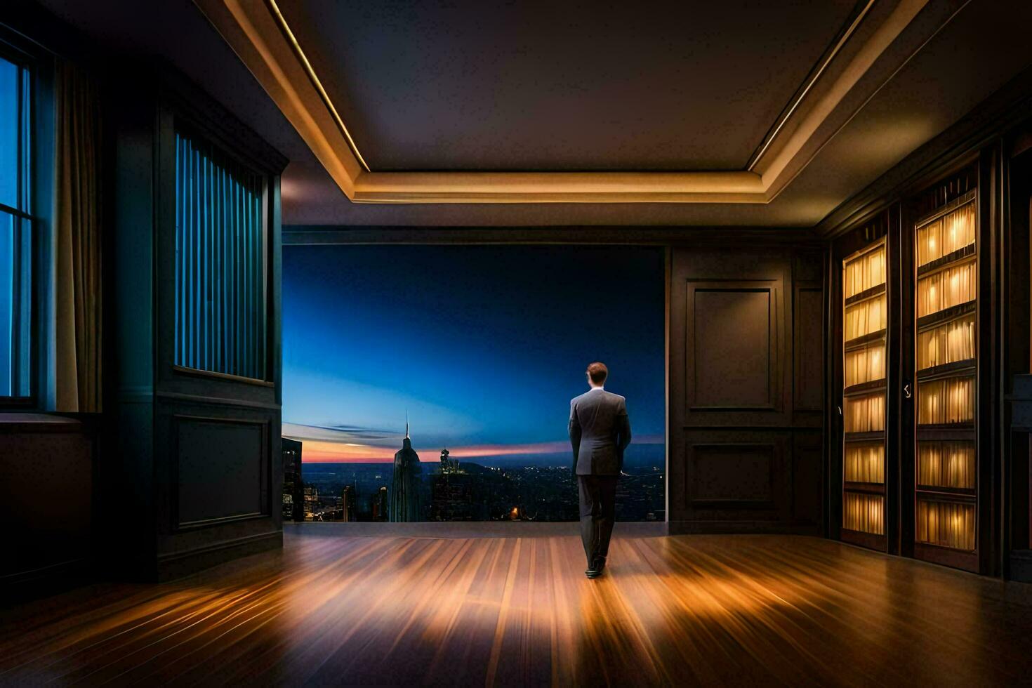 a man in a suit stands in an empty room with a view of the city. AI-Generated photo