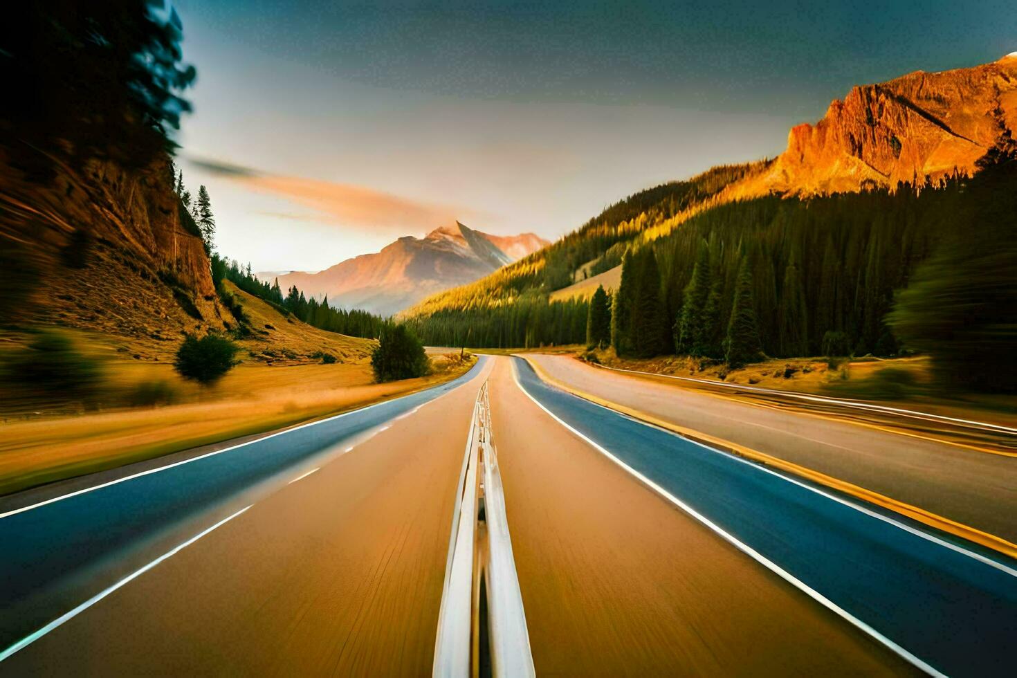 a road in the mountains with mountains in the background. AI-Generated photo
