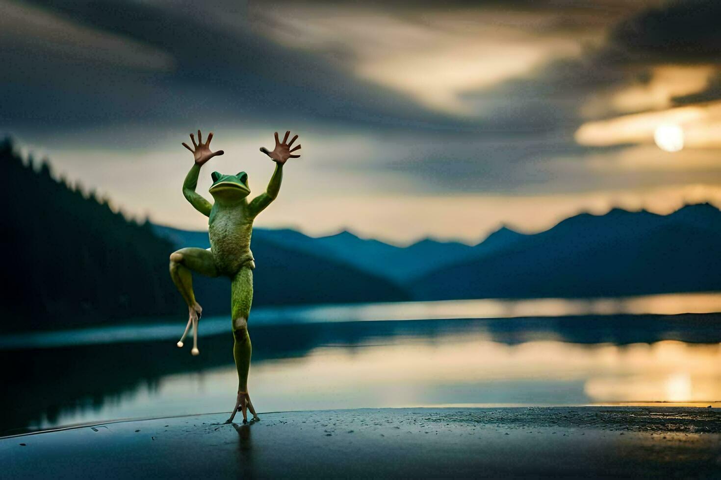 a frog is standing on its hind legs in front of a lake. AI-Generated photo