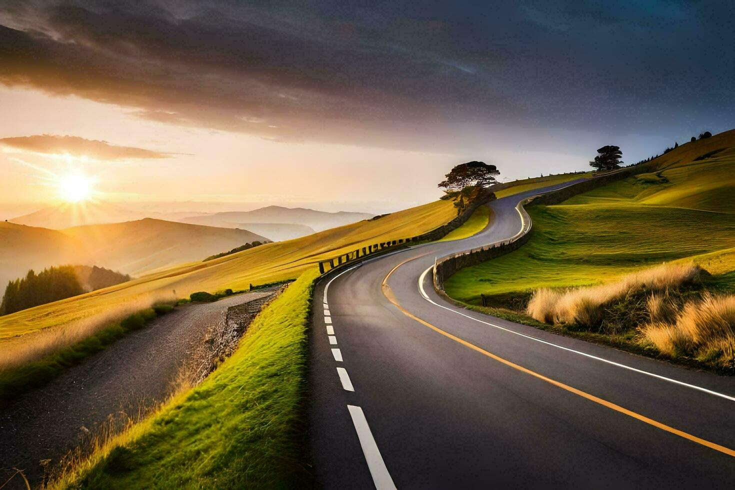 a winding road in the mountains with the sun setting. AI-Generated photo
