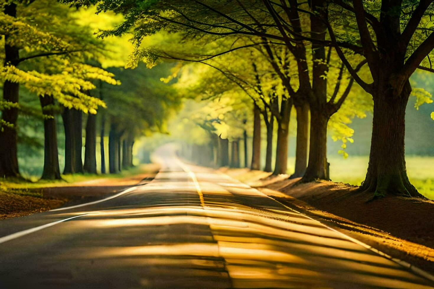 a long road lined with trees and trees. AI-Generated photo
