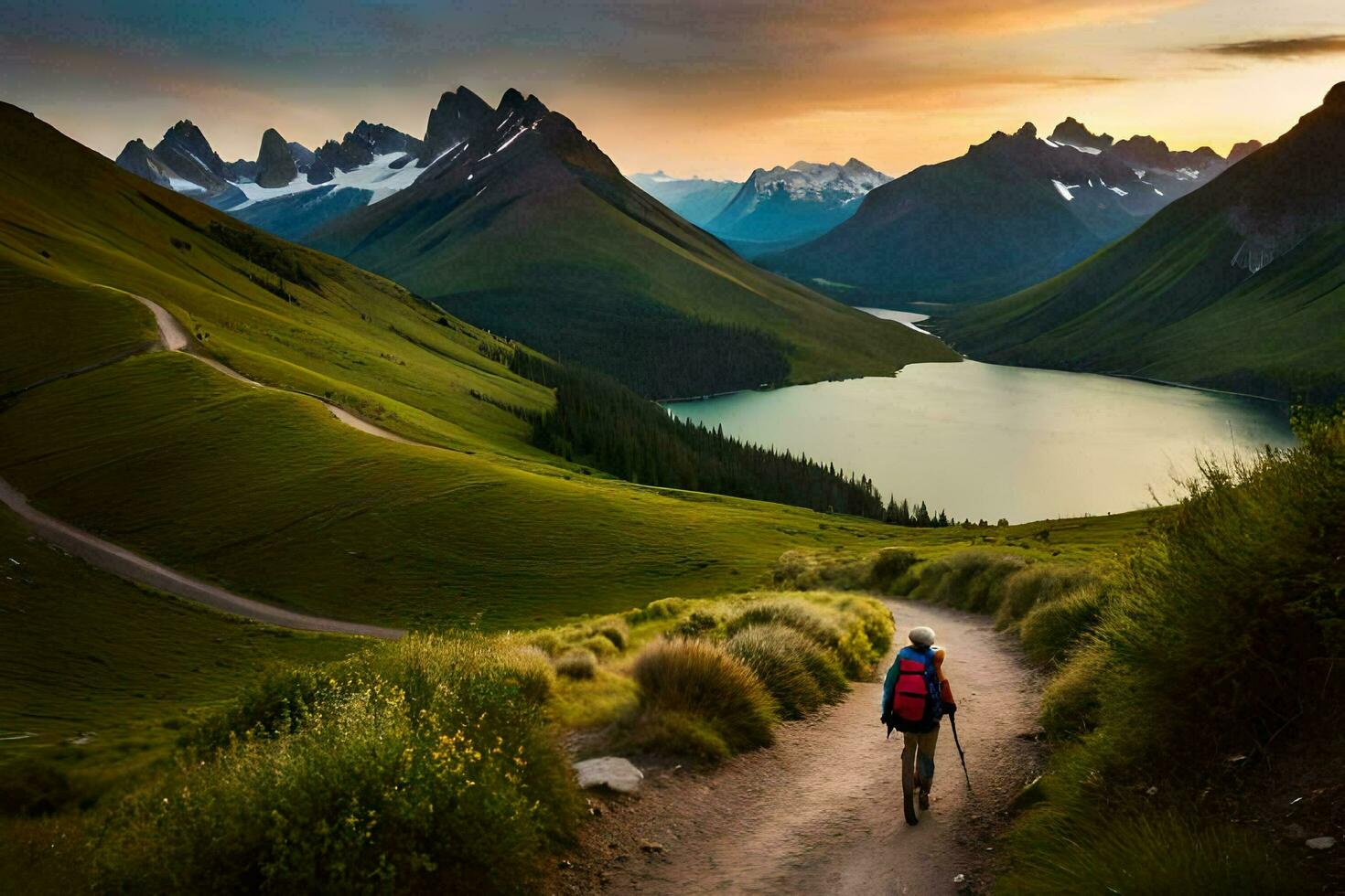 a person on a mountain bike rides down a path towards a lake. AI-Generated photo