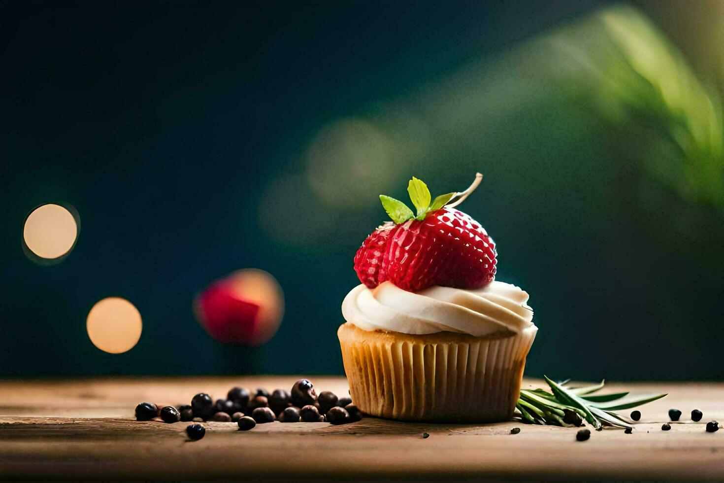 a cupcake with strawberries and spices on a wooden table. AI-Generated photo