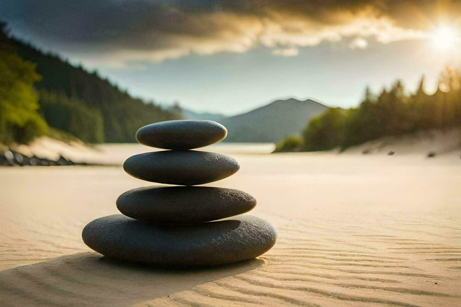 a stack of rocks in the sand. AI-Generated photo