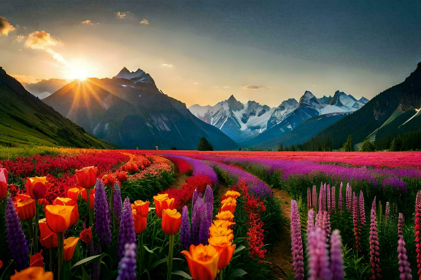 the sun rises over a field of colorful flowers and mountains. AI-Generated photo