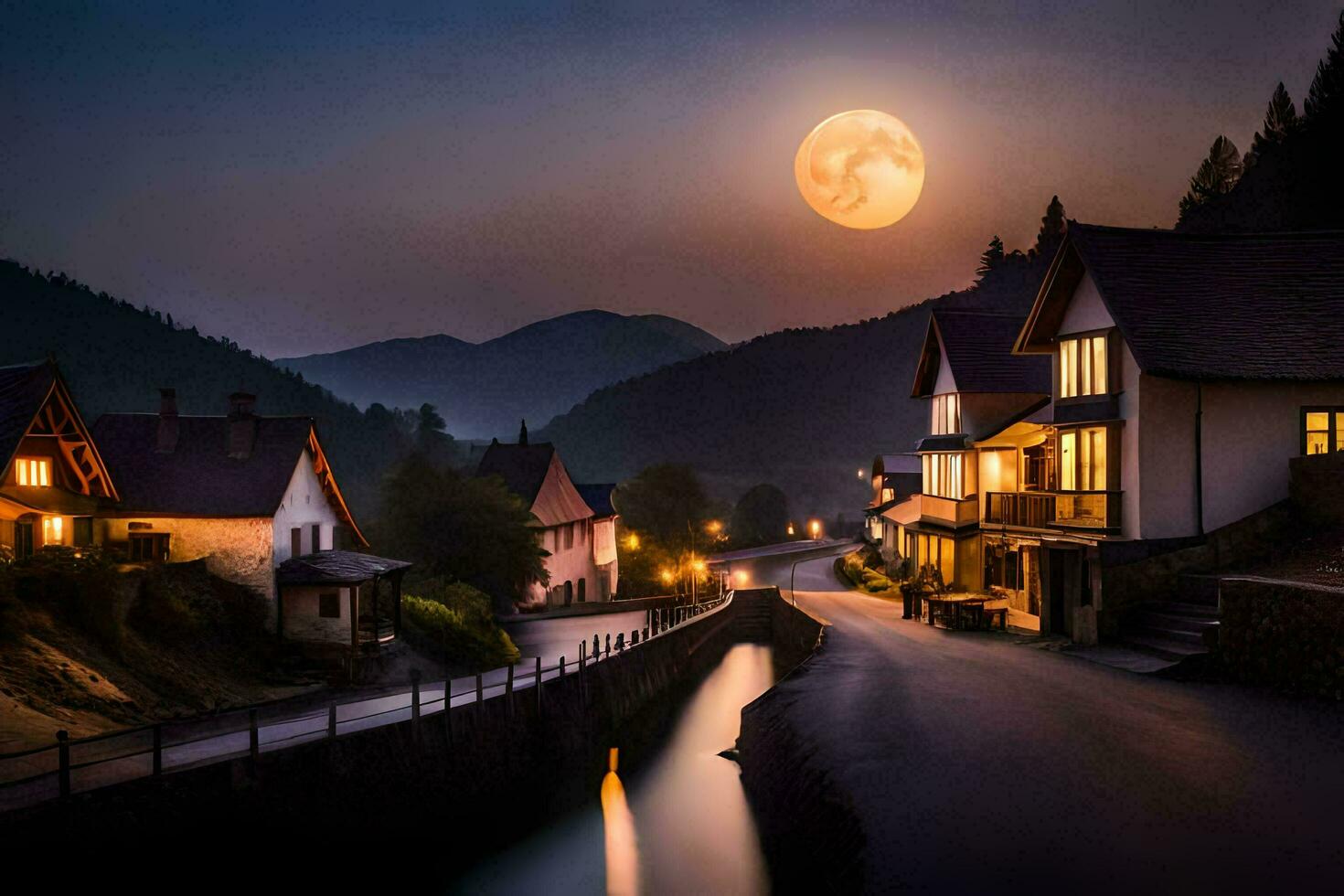 photo wallpaper the moon, night, village, river, houses, moon, river, moonlight. AI-Generated