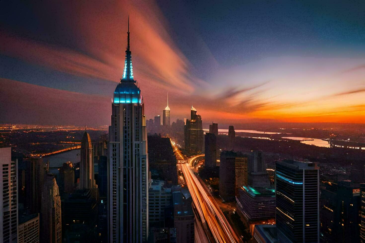 the empire state building is lit up at sunset. AI-Generated photo