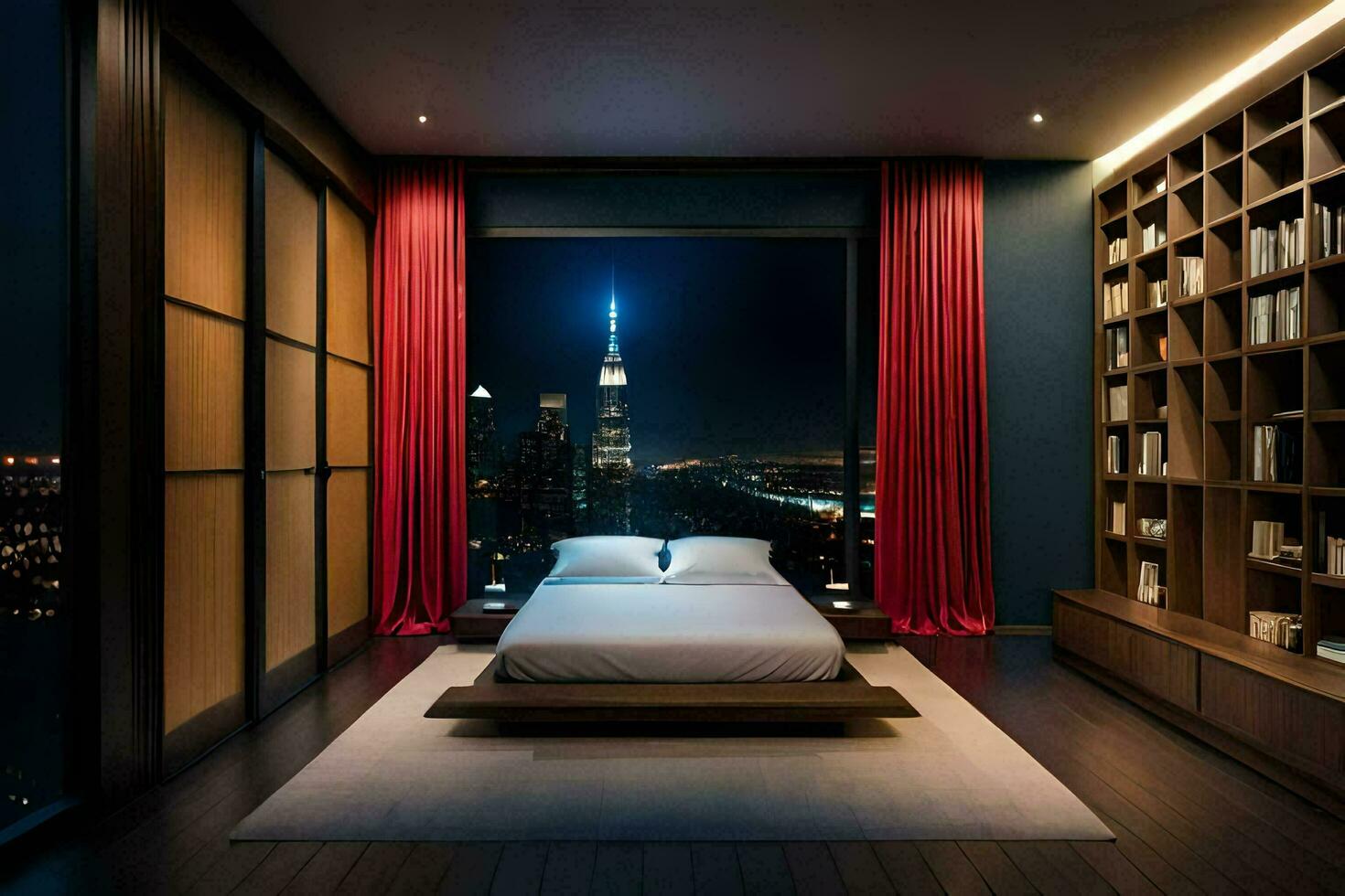 a bedroom with a view of the city at night. AI-Generated photo