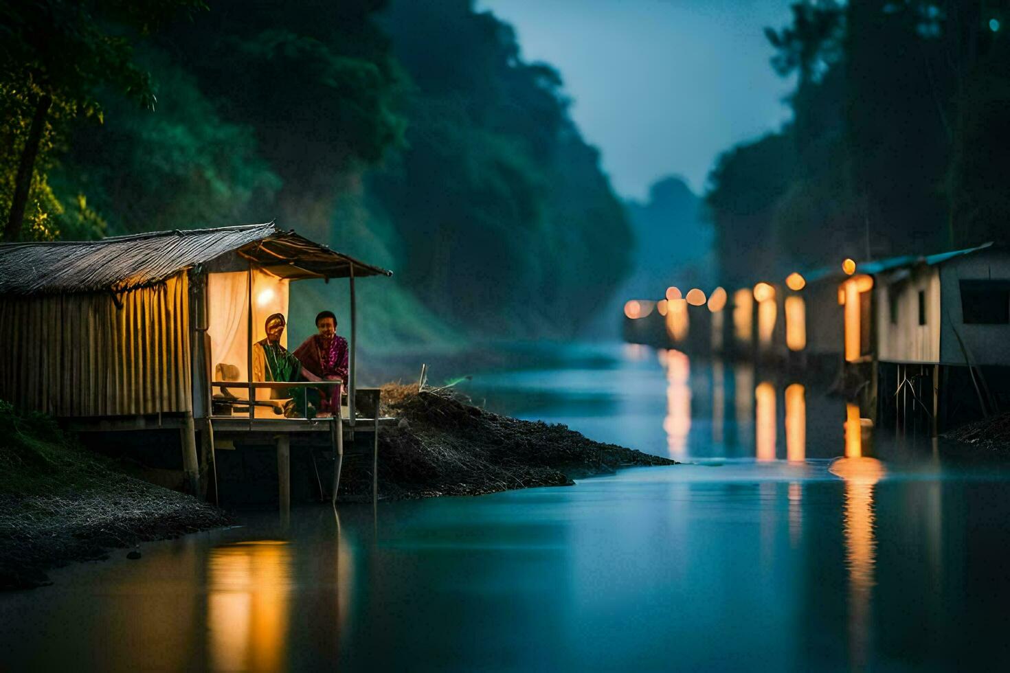 un Pareja se sienta en un de madera choza por el río a noche. generado por ai foto