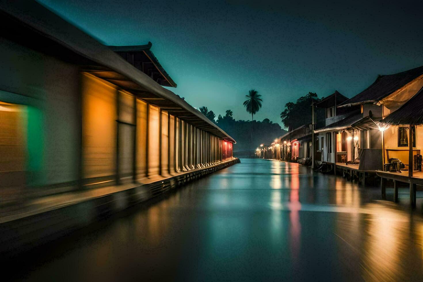 un largo exposición fotografía de un canal a noche. generado por ai foto