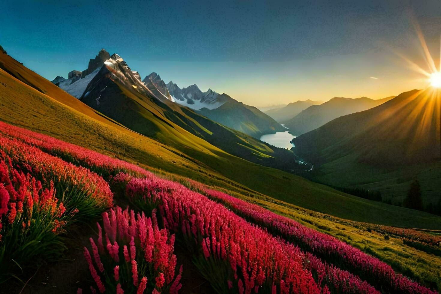 the sun shines over a mountain range with pink flowers. AI-Generated photo