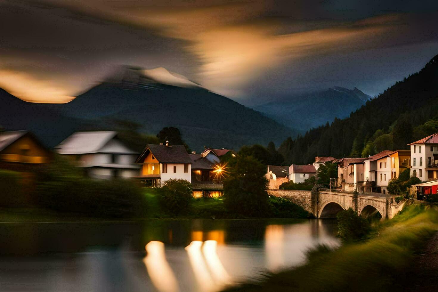 foto fondo de pantalla el cielo, montañas, río, puente, ciudad, casa, casa, el cielo. generado por ai