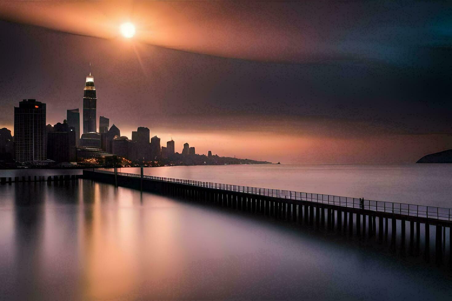 un largo exposición fotografía de un ciudad horizonte a puesta de sol. generado por ai foto