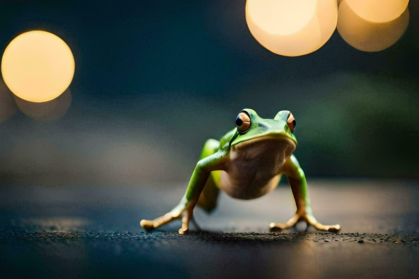 a frog is standing on the ground with blurry lights in the background. AI-Generated photo