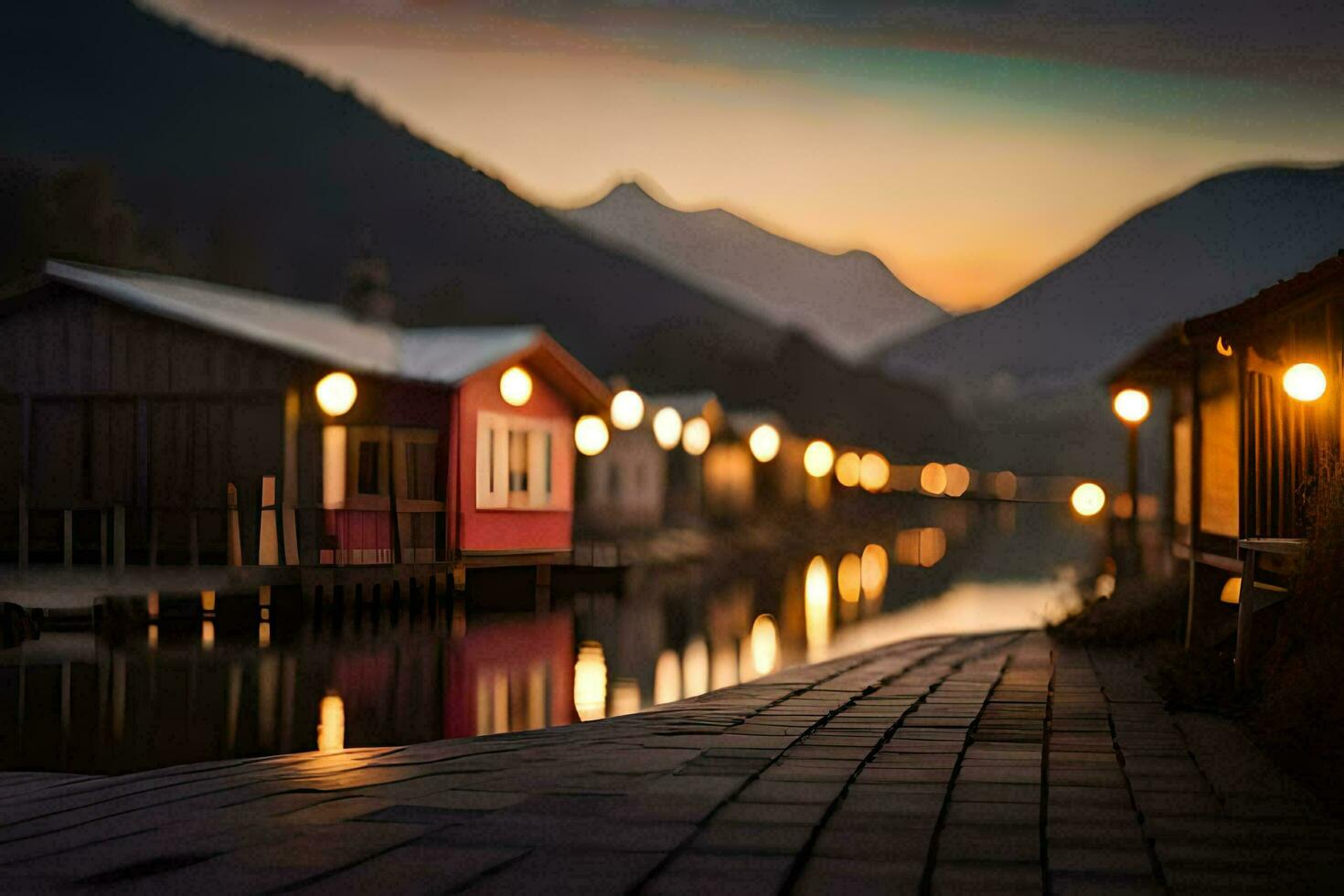 a wooden walkway leads to a river and houses at night. AI-Generated photo