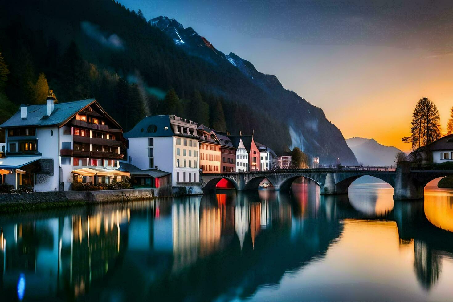 photo wallpaper the sky, mountains, water, bridge, town, house, house, house,. AI-Generated