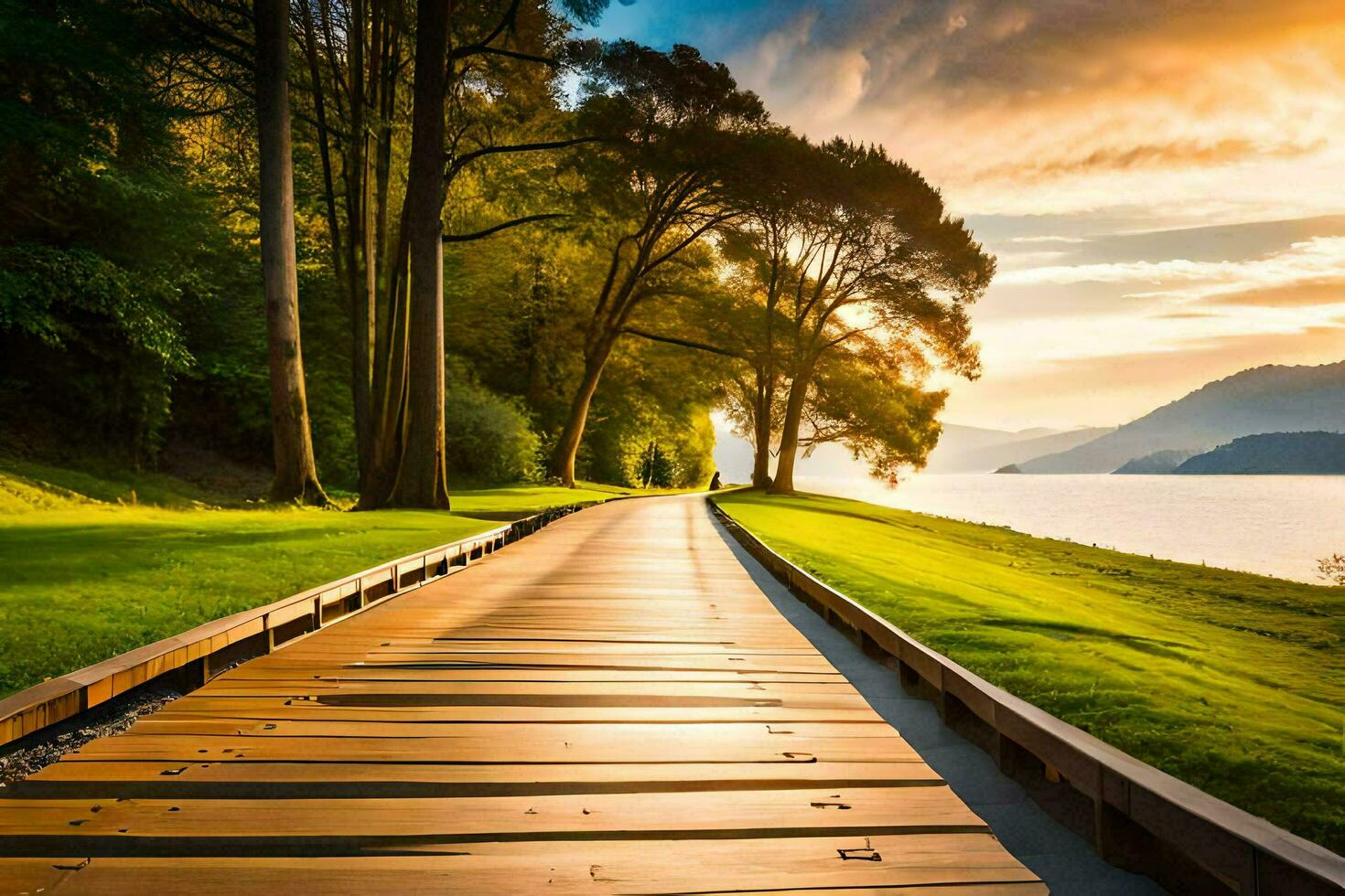 a wooden walkway leads to the water and mountains. AI-Generated photo