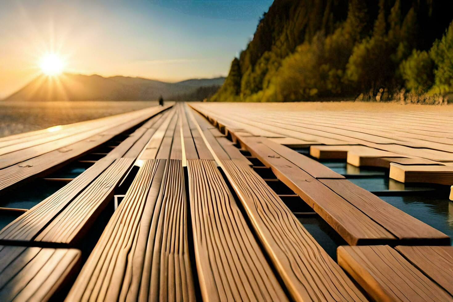 a wooden boardwalk on the beach at sunset. AI-Generated photo
