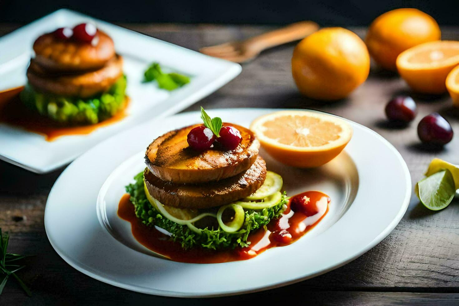two plates with food on them and oranges. AI-Generated photo