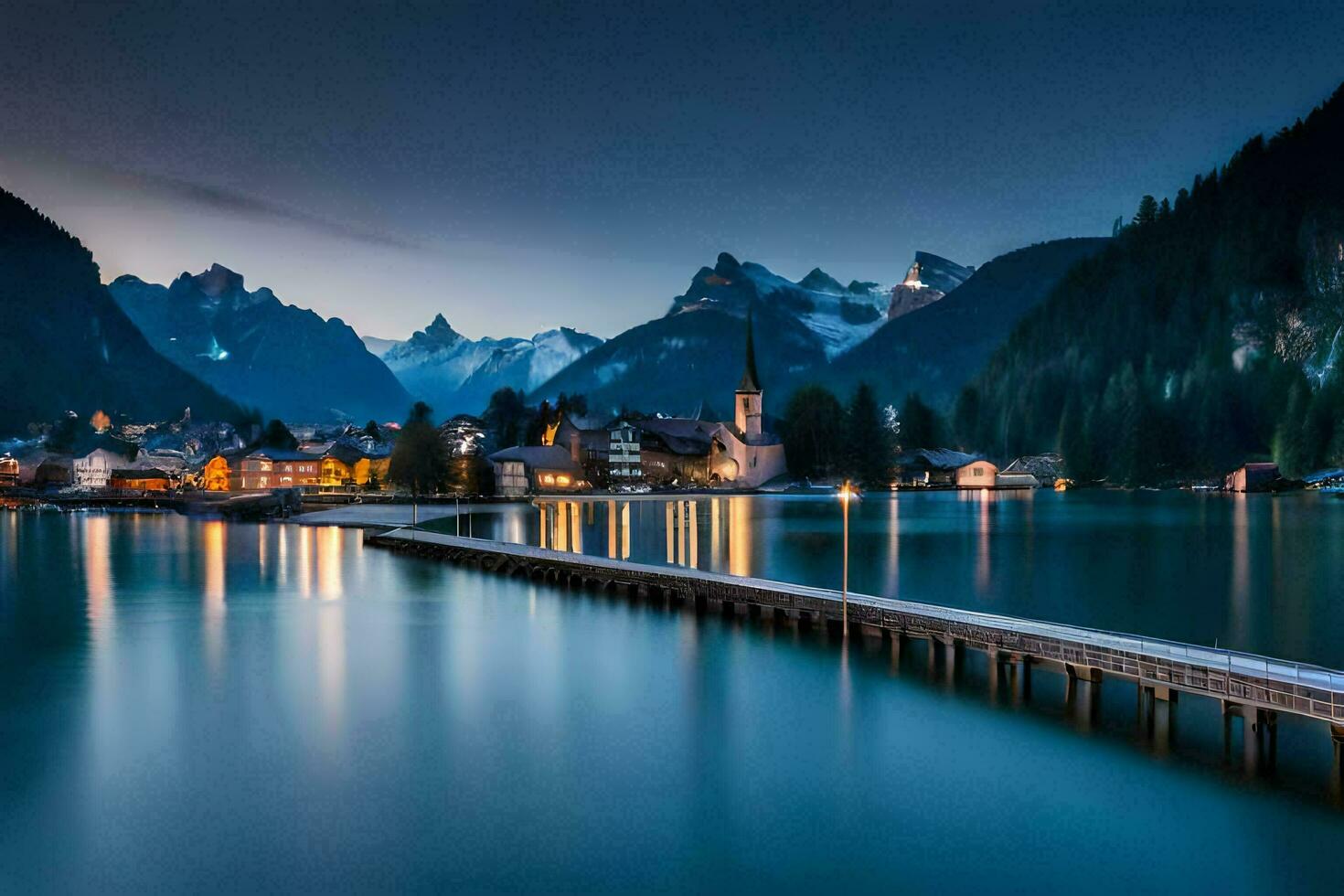 a wooden pier in the middle of a lake at night. AI-Generated photo