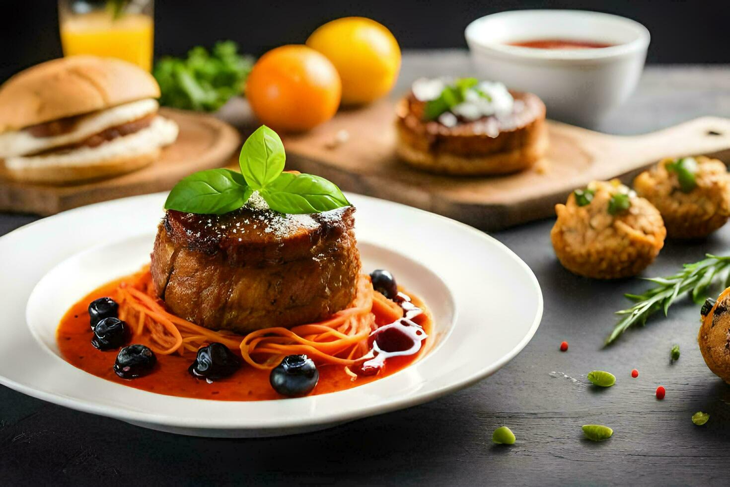 a plate of food with meat, vegetables and other ingredients. AI-Generated photo