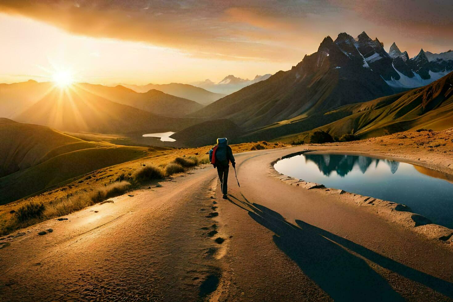the man is walking on the road in the mountains. AI-Generated photo
