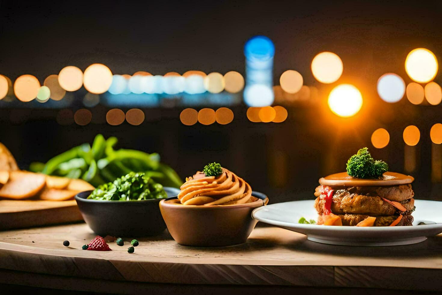 a table with food and a view of the city. AI-Generated photo