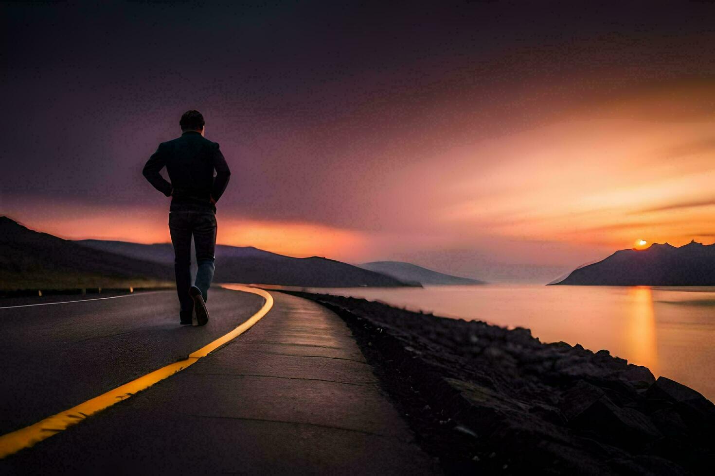 a man walking along the road at sunset. AI-Generated photo