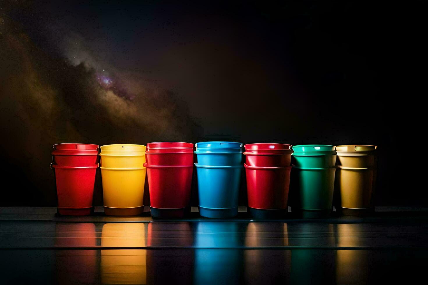 a row of colorful plastic cups on a dark surface. AI-Generated photo