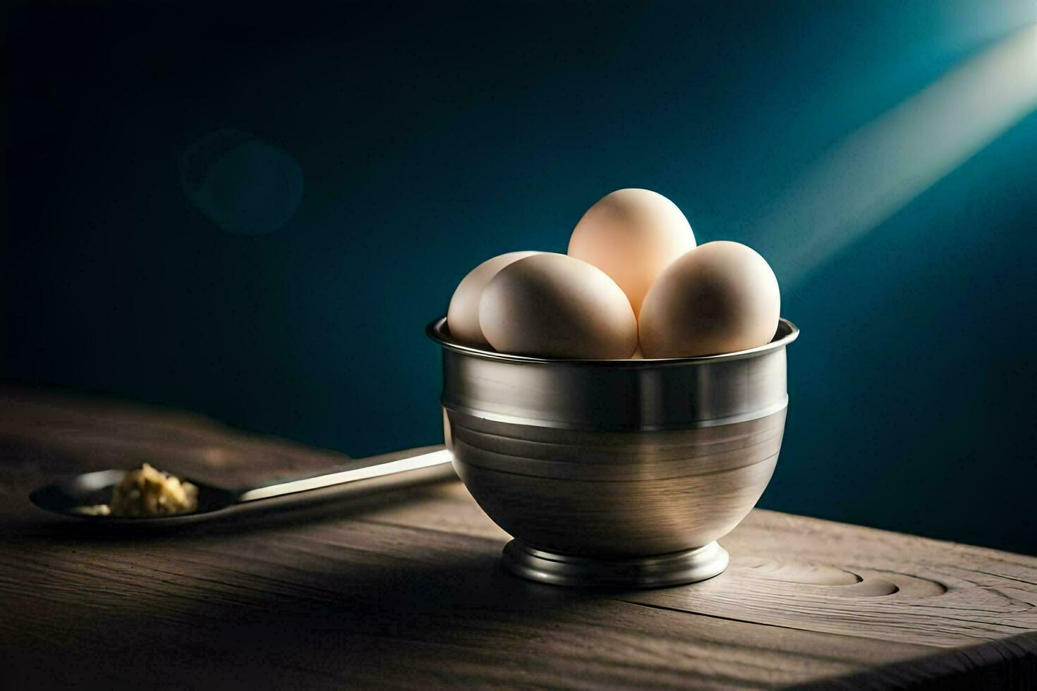 eggs in a metal bowl on a wooden table. AI-Generated photo