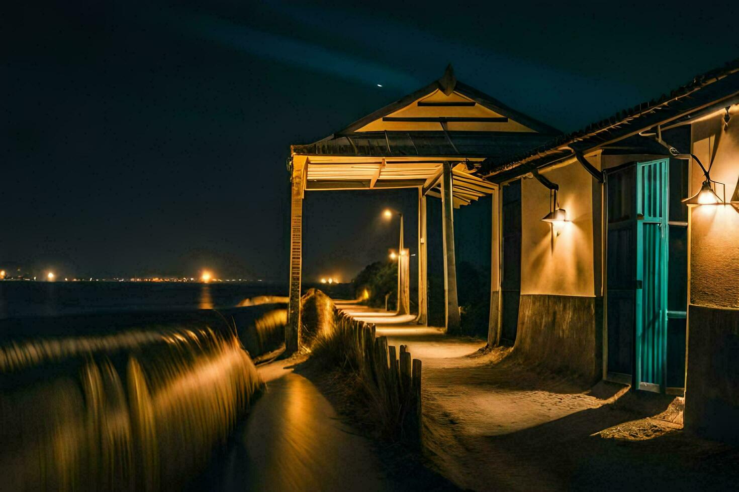 a long exposure photo of a building at night. AI-Generated