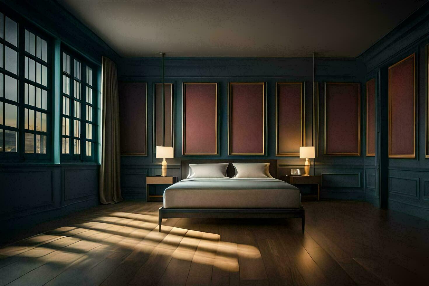 un dormitorio con azul paredes y de madera pisos generado por ai foto