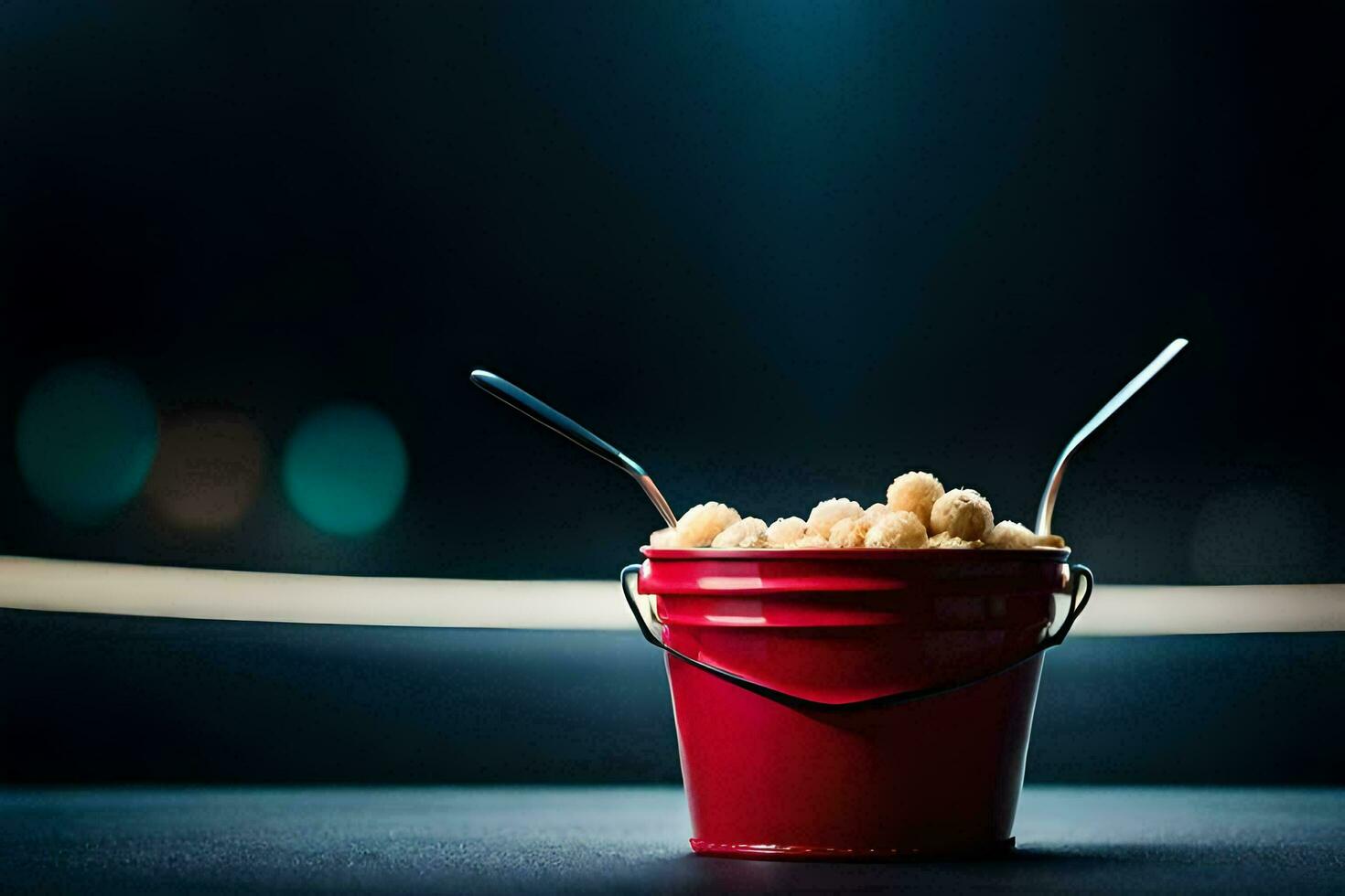 a red bucket filled with peanuts sitting on a table. AI-Generated photo