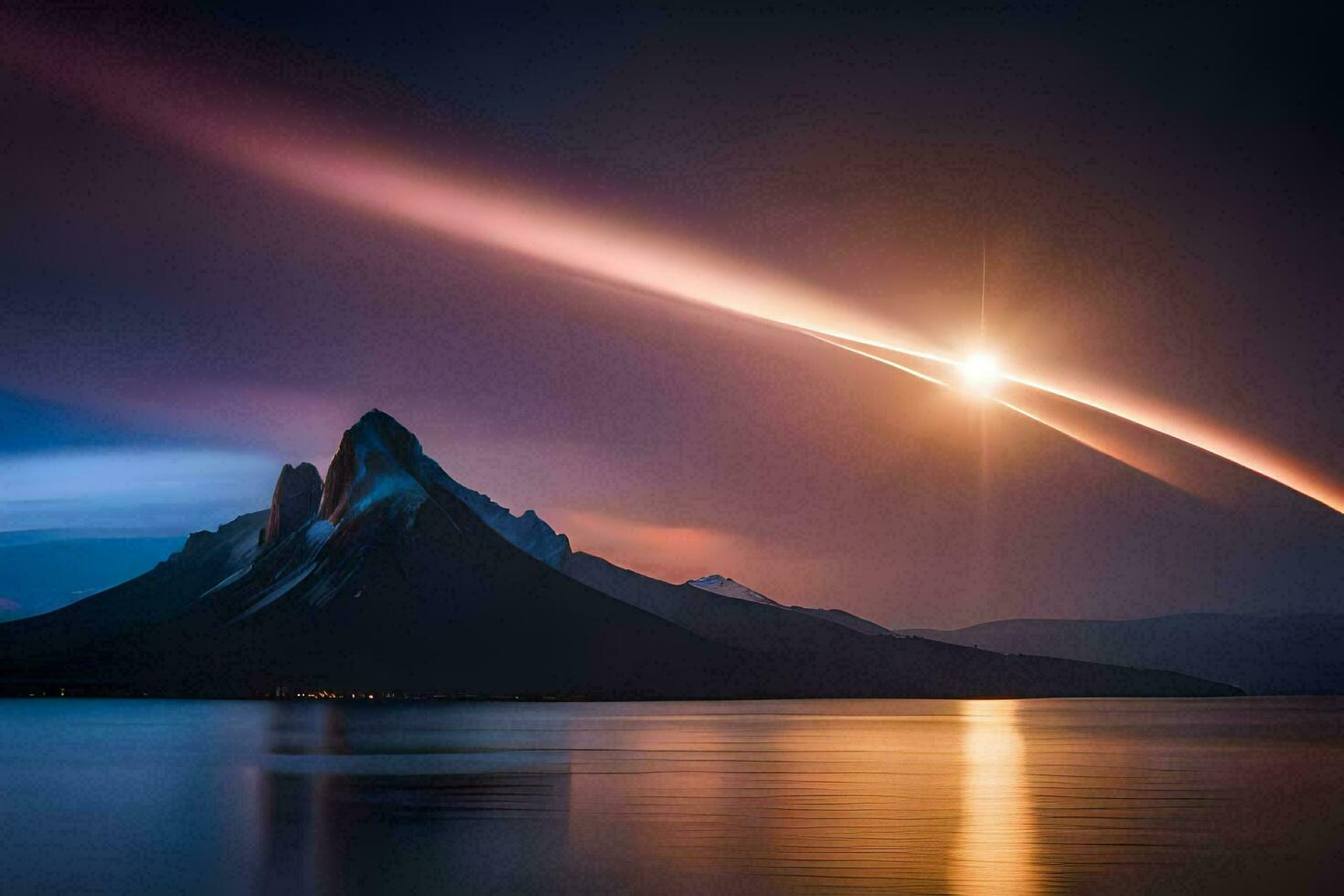 the sun is shining over a mountain and water. AI-Generated photo