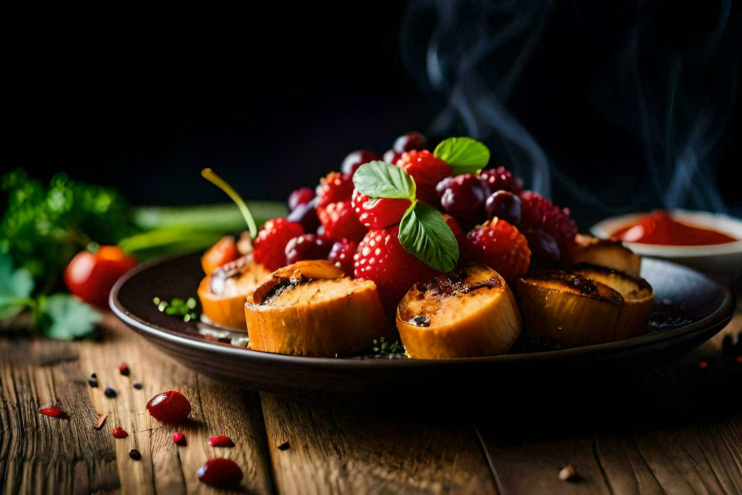 a plate of food with berries and spices. AI-Generated photo