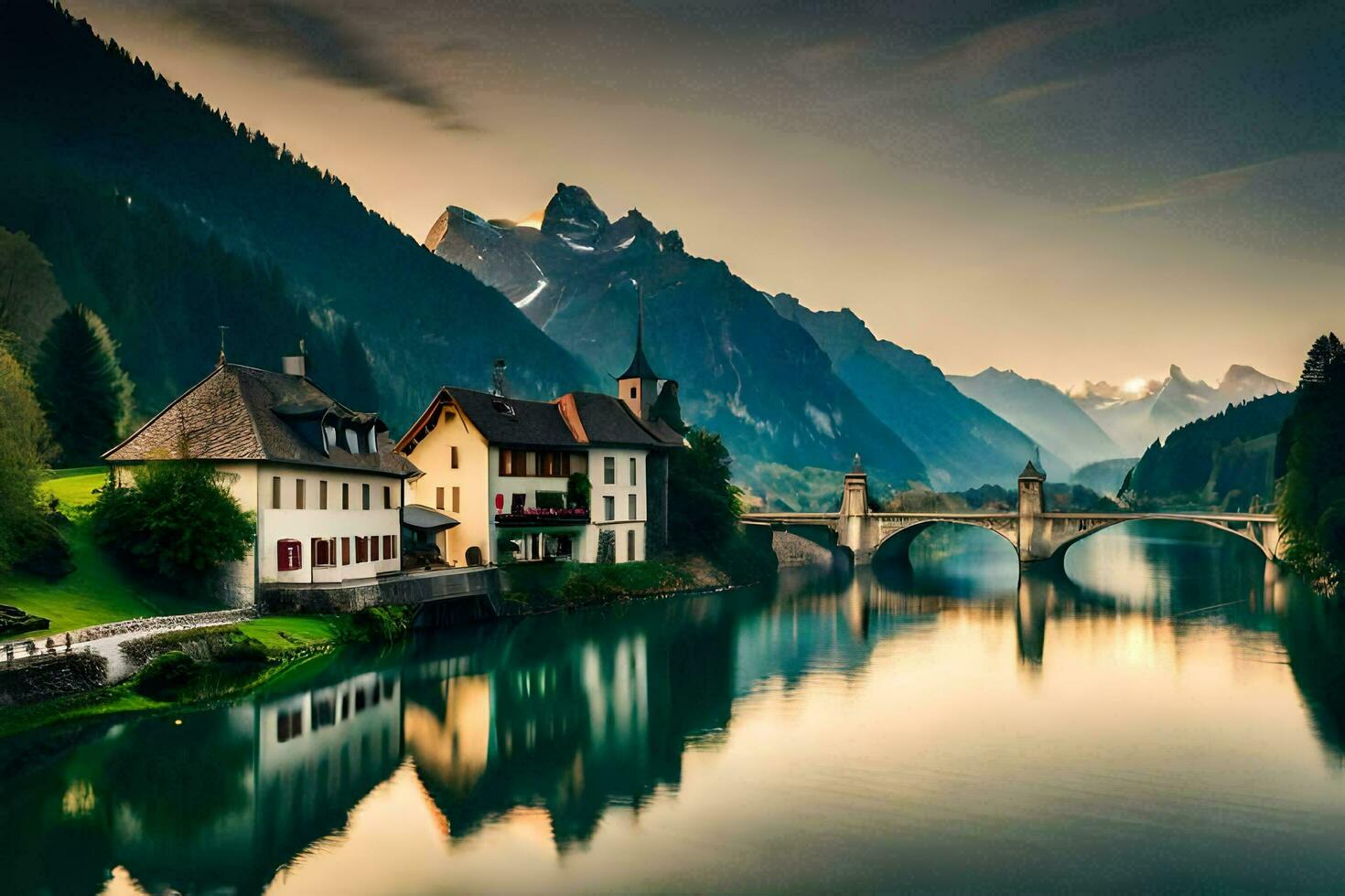 photo wallpaper mountains, bridge, house, river, lake, switzerland, switzerland, lake. AI-Generated