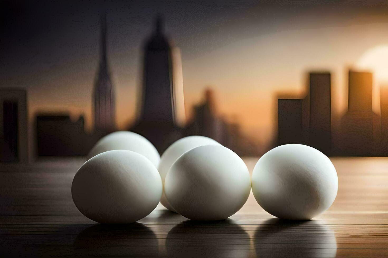 five eggs on a table with a city in the background. AI-Generated photo