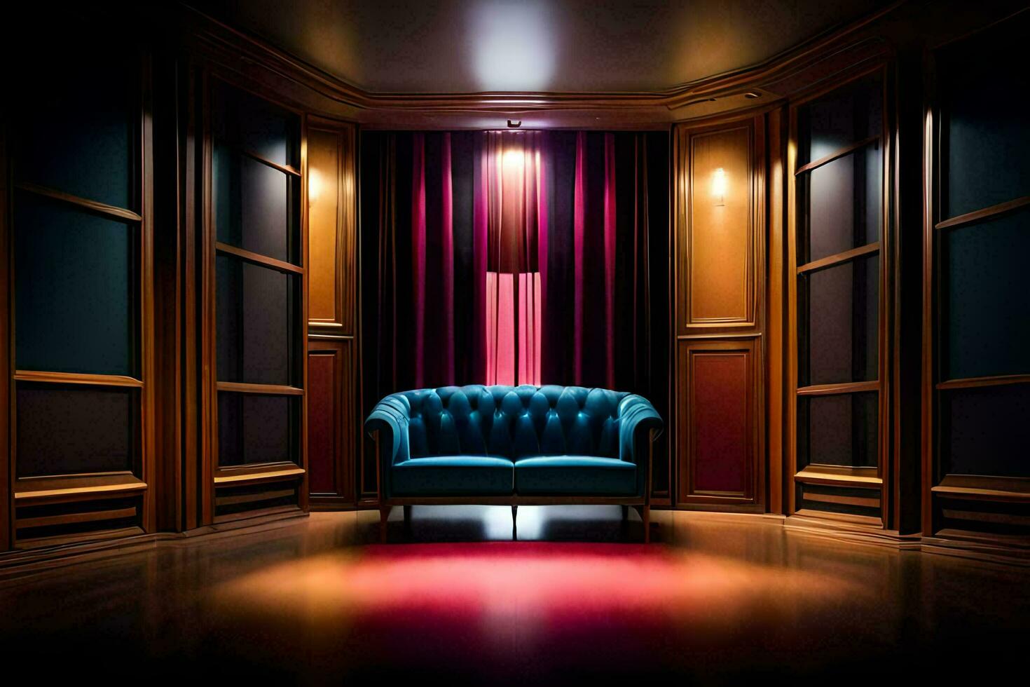 a blue chair in a dark room with red curtains. AI-Generated photo