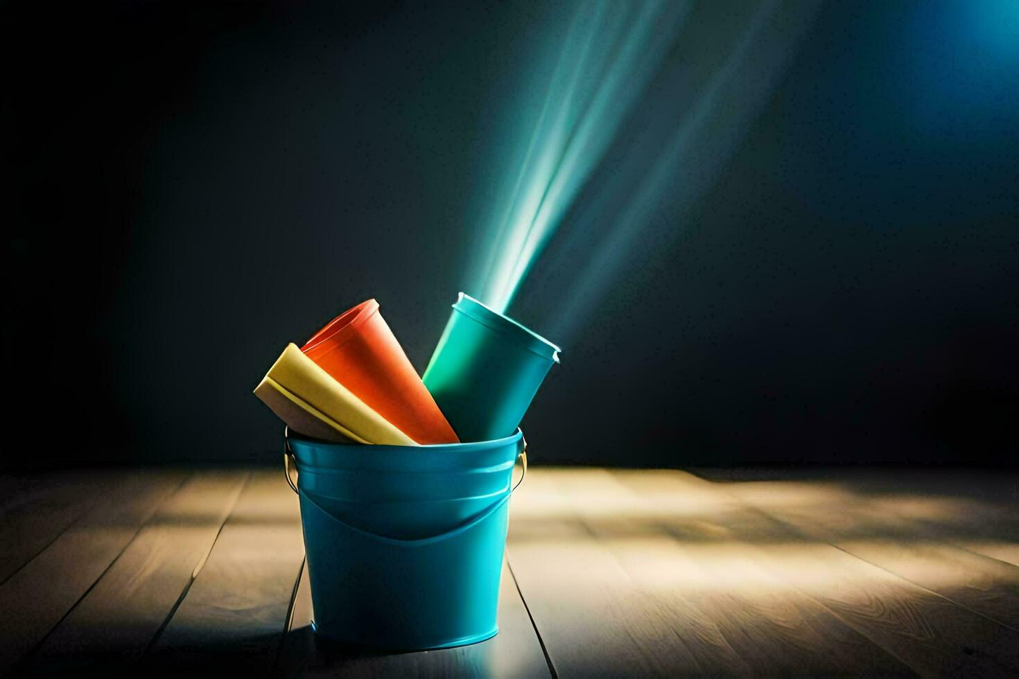 a bucket filled with colorful paint on a wooden floor. AI-Generated photo