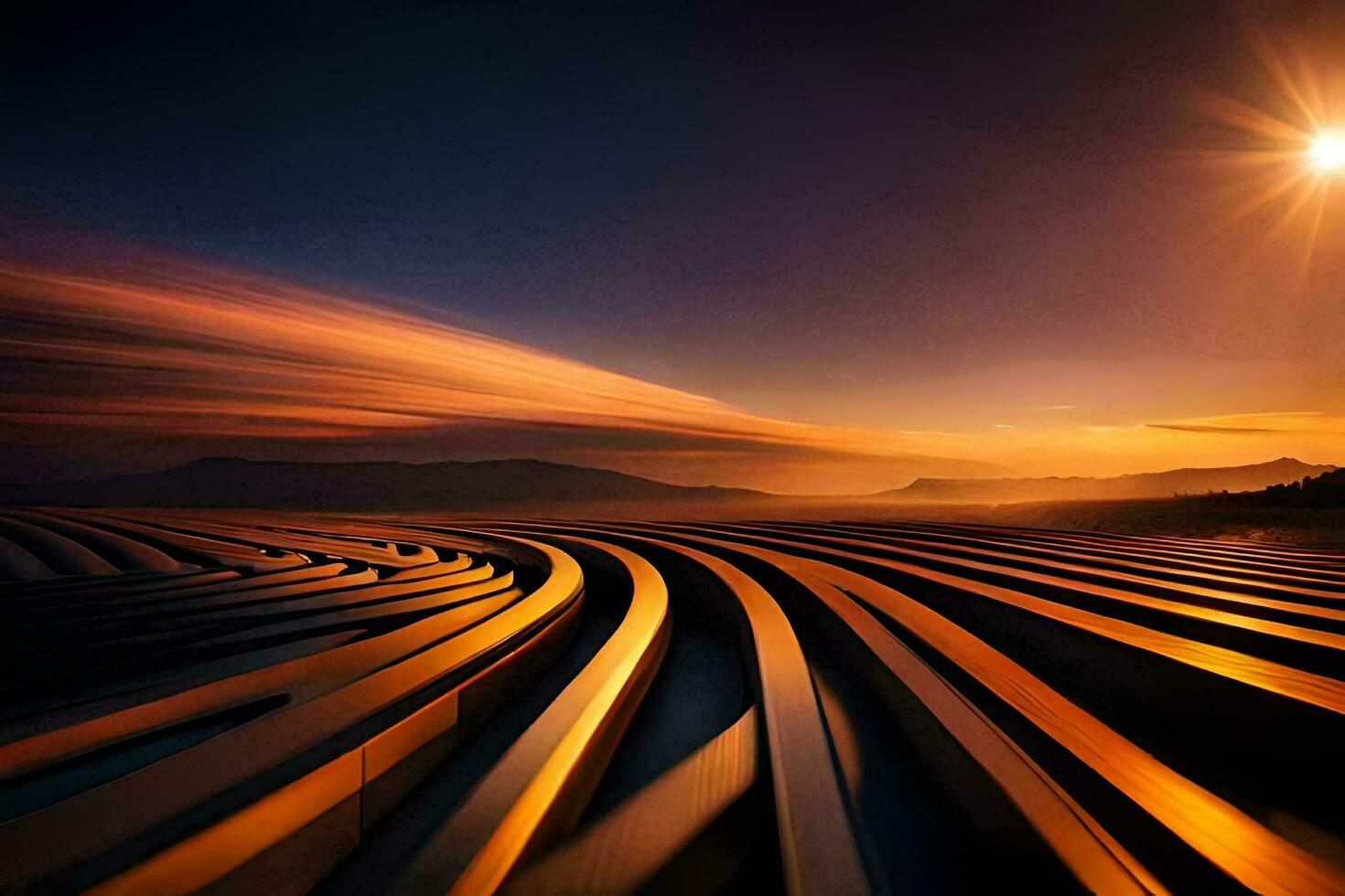the sun is setting over a long exposure photo of a road. AI-Generated