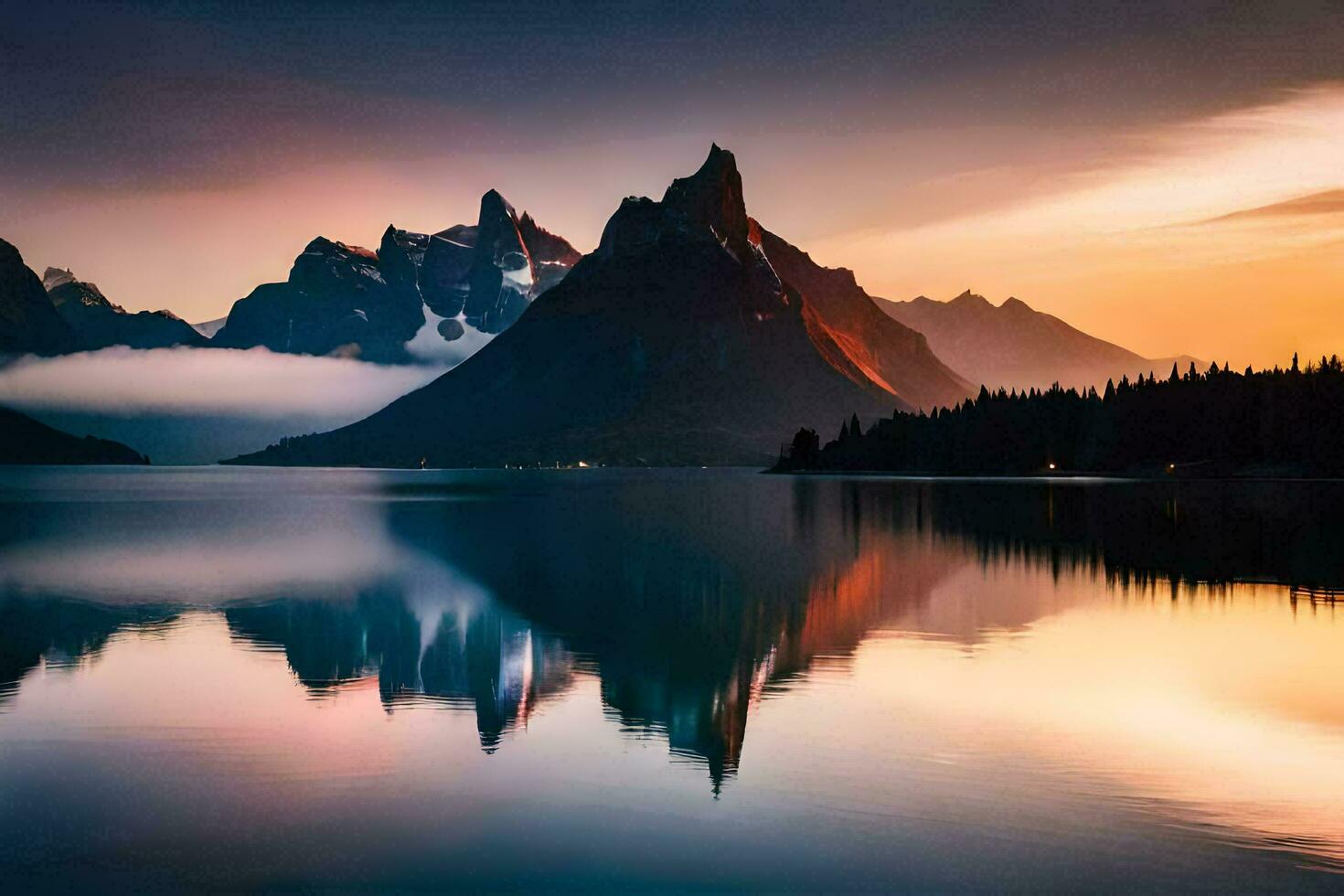 the mountains are reflected in the water at sunset. AI-Generated photo